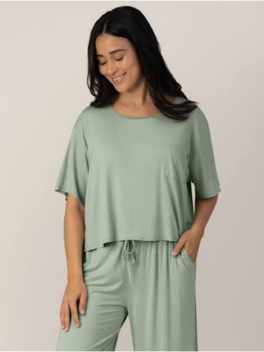 Kindred Bravely Aria Bamboo Casual Short Sleeve Crop Top in Aqua Mist Medium